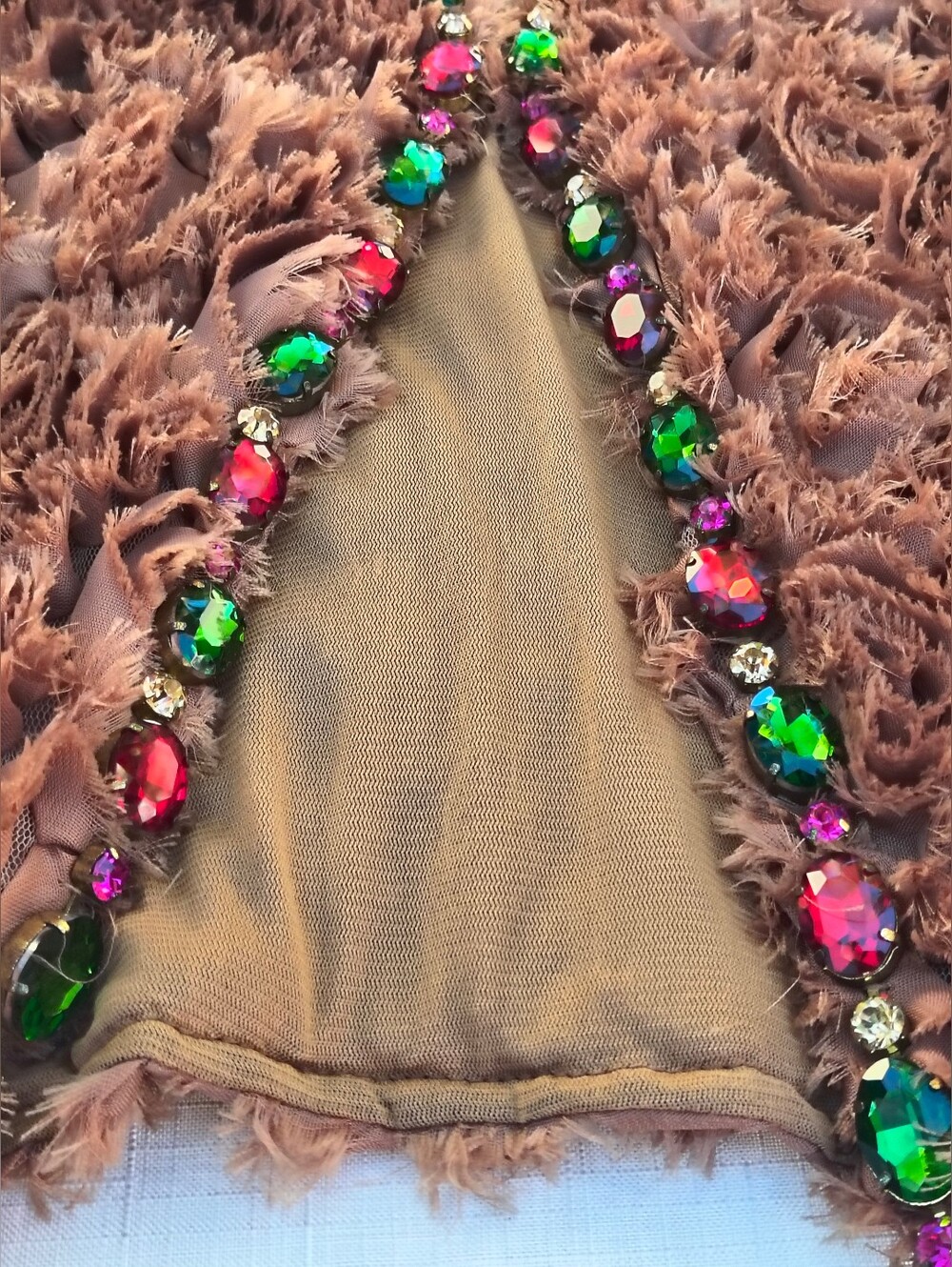 Brown Textured Cropped Jacket With Multi Color Rhinestones - Picture 3 of 11